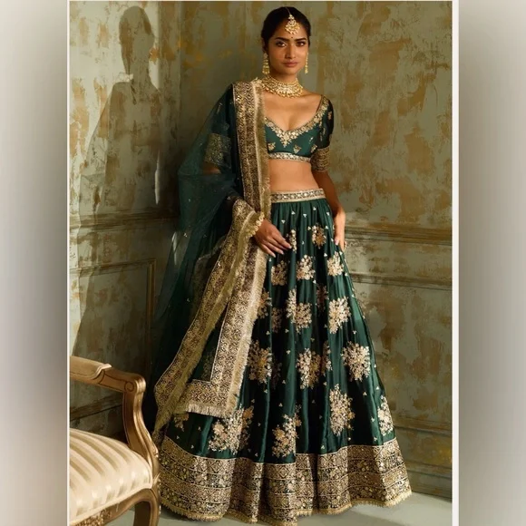 NWT Dark Green and Gold Detail Lehenga Choli set from Lashkaraa (XXS) - Picture 6 of 6